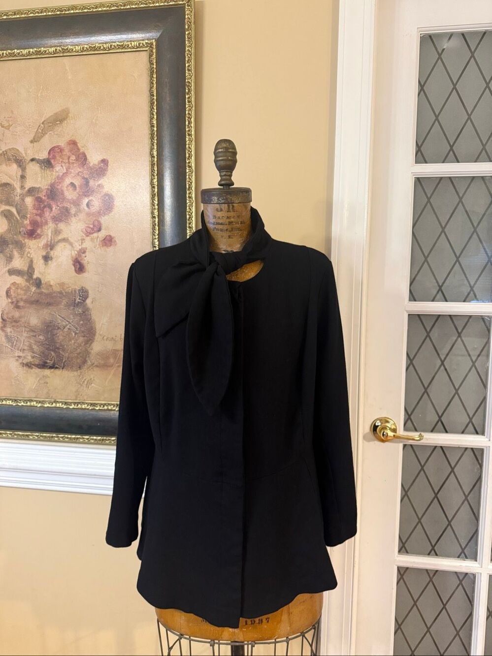 Eloquii Blazer Women’s 22 Black Peplum Tie-Neck Button Front Jacket Office Wear